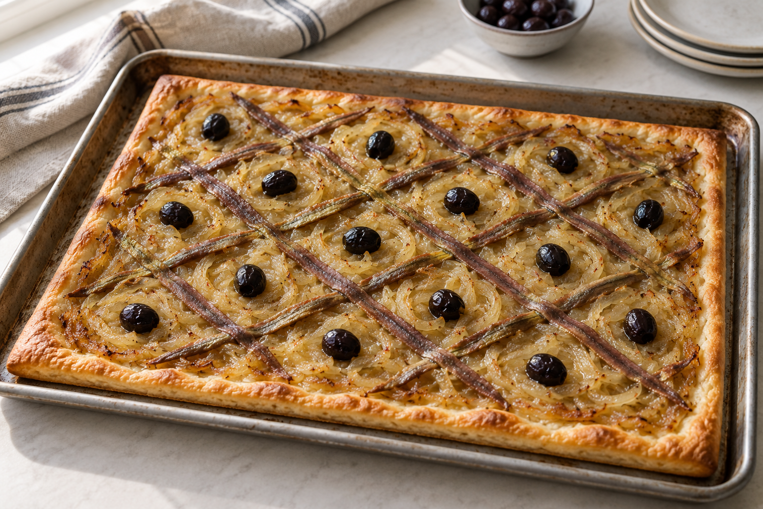 AI illustration of a rectangular pissaladière with golden onions, anchovy lattice and black olives on a baking tray.