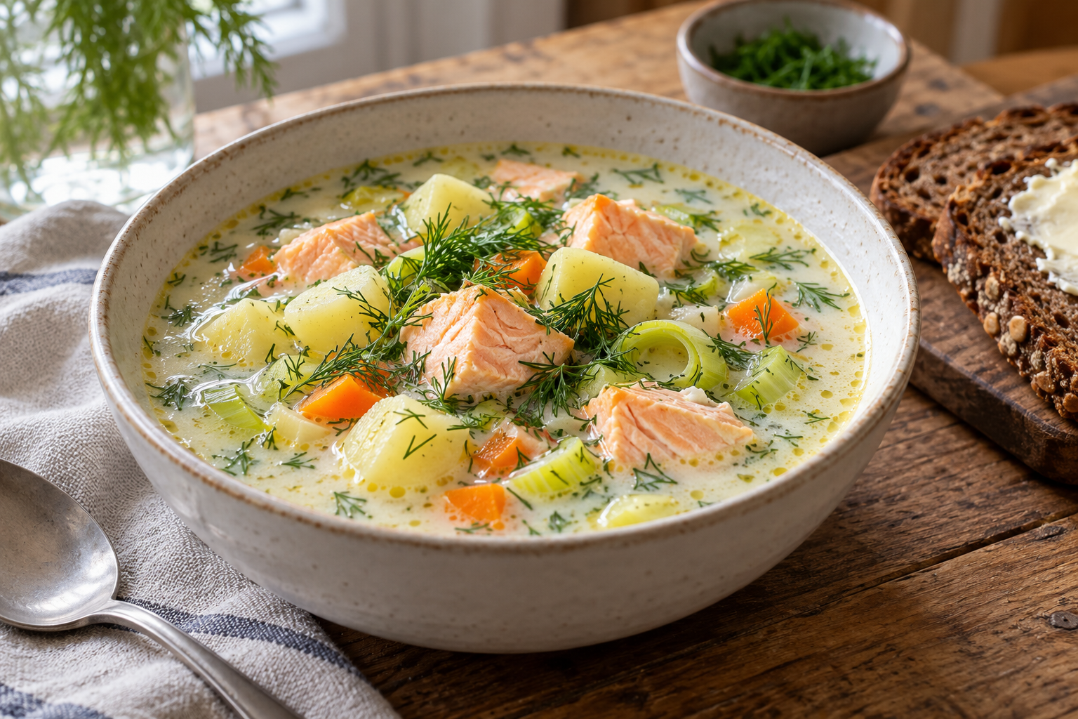 AI-generated serving illustration of creamy lohikeitto with cooked salmon chunks, potatoes, carrots, leek and dill beside rye bread.