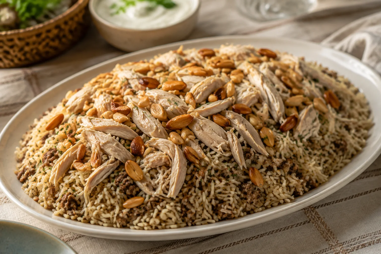 Oval platter of Lebanese chicken and spiced rice topped with almonds and pine nuts