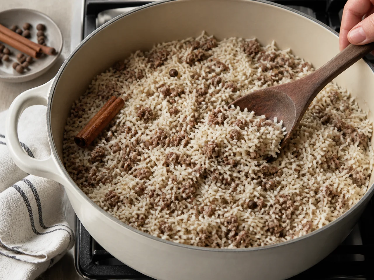 Spiced long-grain rice and finely crumbled meat being fluffed in a cream-colored pot